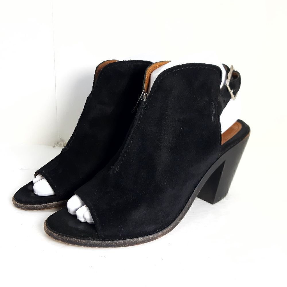 Frye Women's Courtney Black Suede Block Heel Peep Toe Slingback Booties Shoes 6B